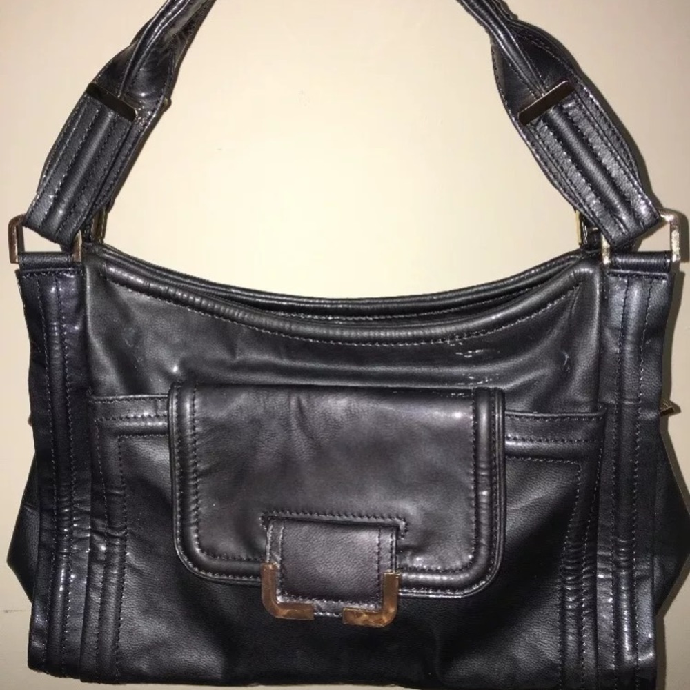 Kooba handbag pewter patten leather gold buckle